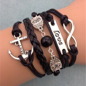 New Unisex Black Leather Owl Love Bracelet 6-7"